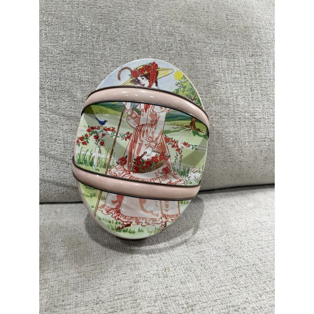 Vintage Valleybrook Farms Oval Tin Cookie Box Cottage‎ Girl Bunny Floral Storage